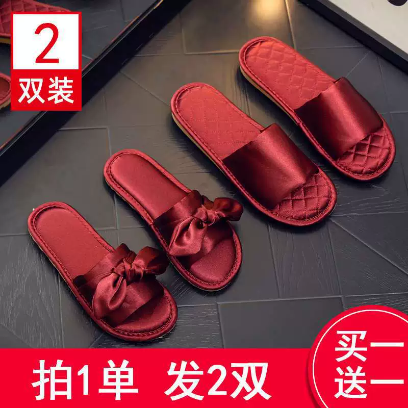 Купите один, получите один бесплатно свадебные тапочки праздничные красные пара сопровождает халат невесты и жениха тапочки для молодоженов