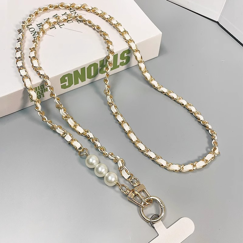 Cuerdas de teléfono móvil perlas de viento de perla larga cadena de pick-up colgante de cuero de metal colgante de bolsos