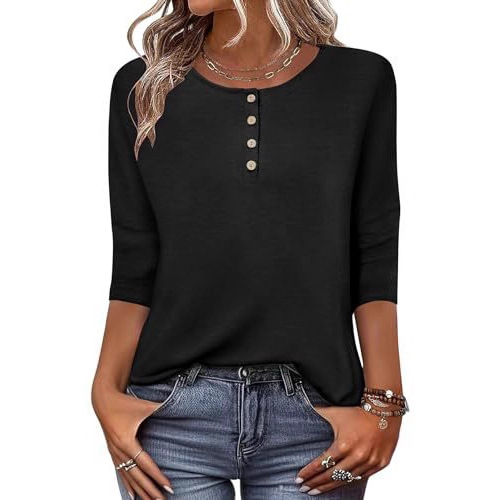 Womens Tops 3/4 Length Sleeve t Shirts Women's Button Round Neck Tops Womens Tops 3/4 Length Sleeve t Shirts Women's Button Round Neck Tops