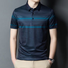 2025夏季男桑蚕丝t恤新款中年户外条纹翻领短袖商务宽松时尚代发