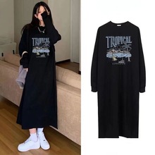 秋冬慵懒风加绒圆领卫衣连衣裙女韩国新款宽松长袖长款过膝卫衣裙