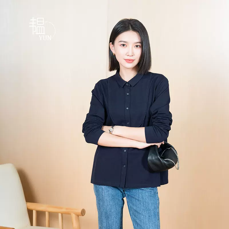 YUN韫2026年春秋新款设计感纯色polo领长袖百搭宽松上衣衬衫女