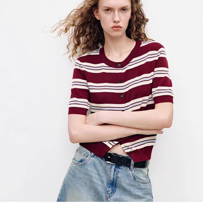 Knitted Cardigan 2026 Spring New Arrival Tencel Retro Brown Striped Fitted Short Top Knitted Cardigan 2026 Spring New Arrival Tencel Retro Brown Striped Fitted Short Top