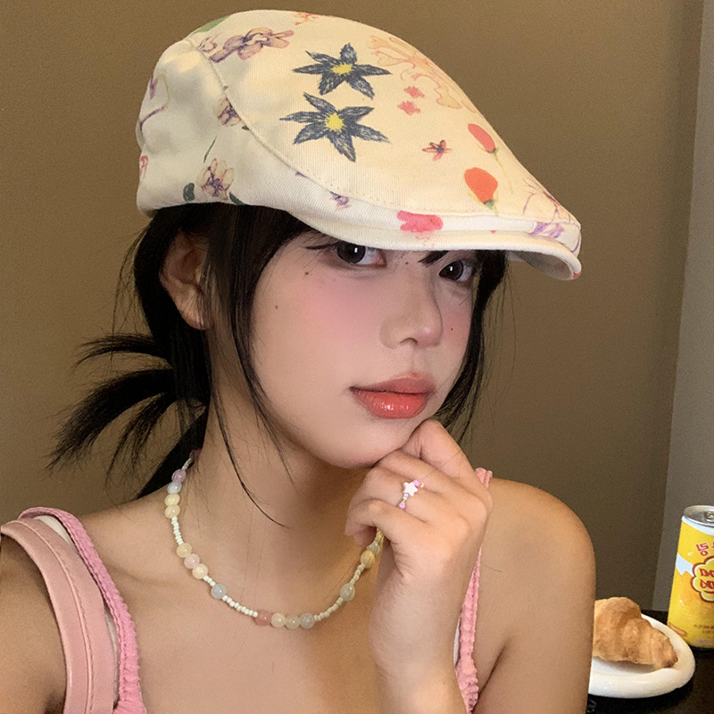 春夏季日系涂鸦前进帽女韩版百搭显脸小贝雷帽薄款大头围画家帽子