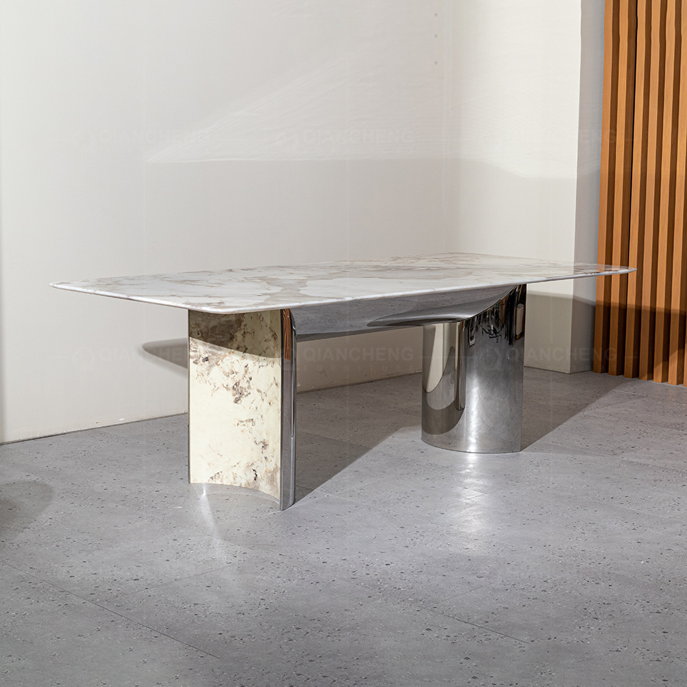 Mesa de Comedor Rectangular de Mármol y Metal, Desmontable, para Comedor
