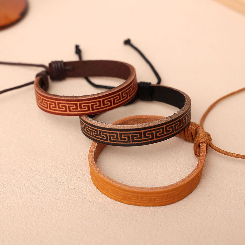 Men's Vintage Leather Bracelet with Simple Pattern and Great Wall Embossed Design, Genuine Leather Bracelet with Adjustable Cotton Cord