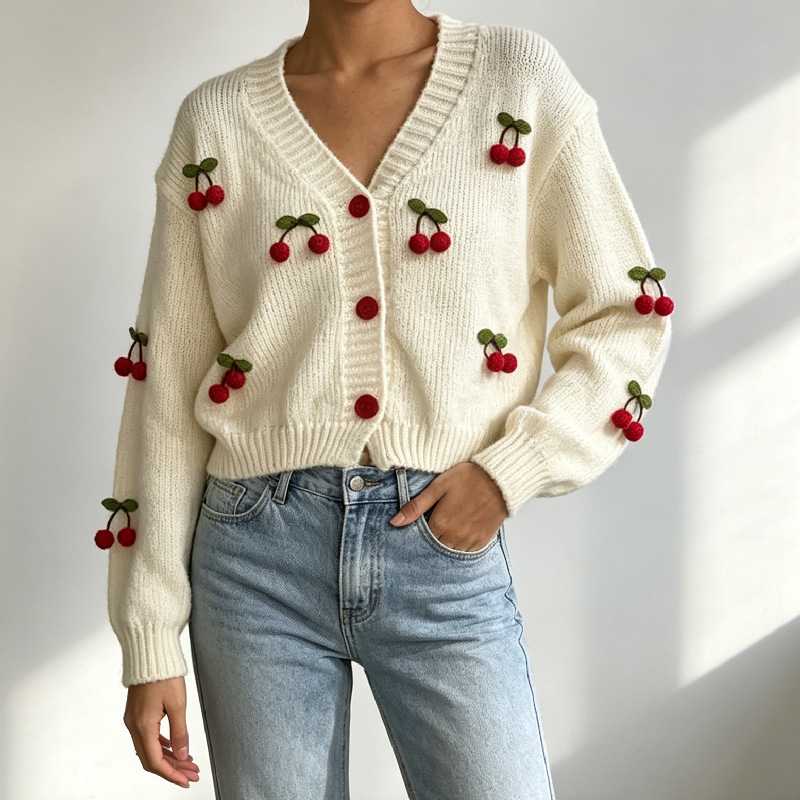 Cross-border Amazon white three-dimensional cherry-decorated knitted cardigan V-neck single-breasted loose drop-shoulder sweater cardigan Cross-border Amazon white three-dimensional cherry-decorated knitted cardigan V-neck single-breasted loose drop-shoulder sweater cardigan
