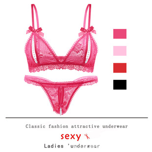 Sexy European and American Lace Temptation Perspective Three-point Hot Pearl Massage Open Crotch Free Bikini Bra Set