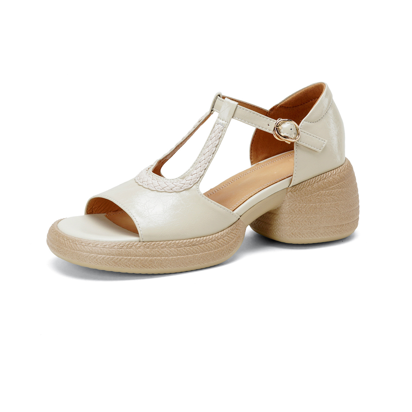 Sandal cao gót nữ mũi cá hở ngón, đế dày da cừu, gót 9 cm — màu trắng ngà