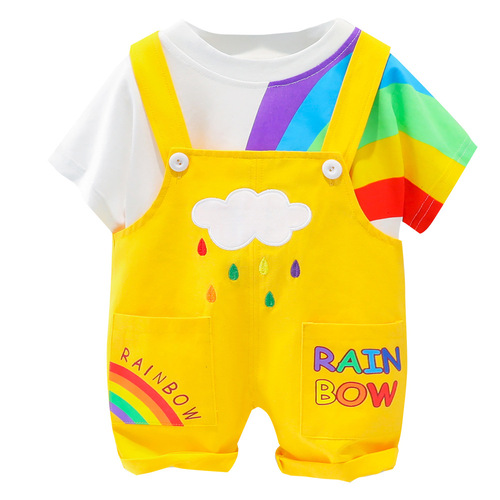 Summer  New Children's Short Sleeve Set Boy and Girl Rainbow Overalls Two-Piece Set Dropshipping 1607