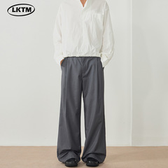 LKTMメンズ # 韓国版シンプルなダークグレーのシワのズボン