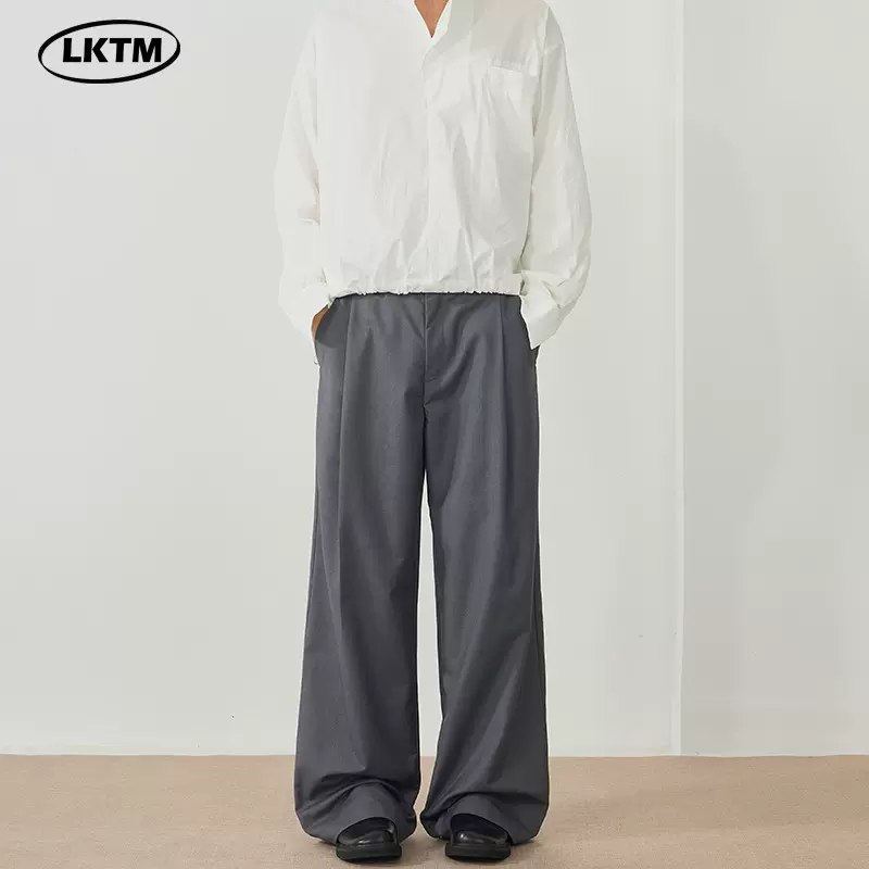 LKTM男装#韩版简约深灰色褶皱西裤男女baggy阔腿显瘦垂感拖地长裤