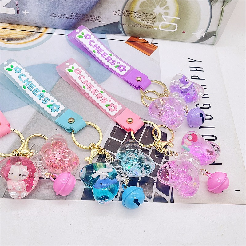 New Oil Floating Cartoon Wind Chime Quicksand Bow Keychain Personalized Trendyy Bag Pendant Car Pendant