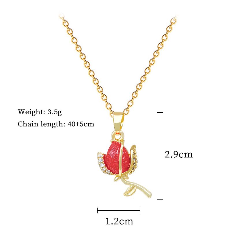 Rotes Rosen-Set: Elegantes, leichtes und stilvolles Diamant-Halsketten-Set für Damen mit vielseitiger Schlüsselbein-Kette aus Titanstahl_voghion.com