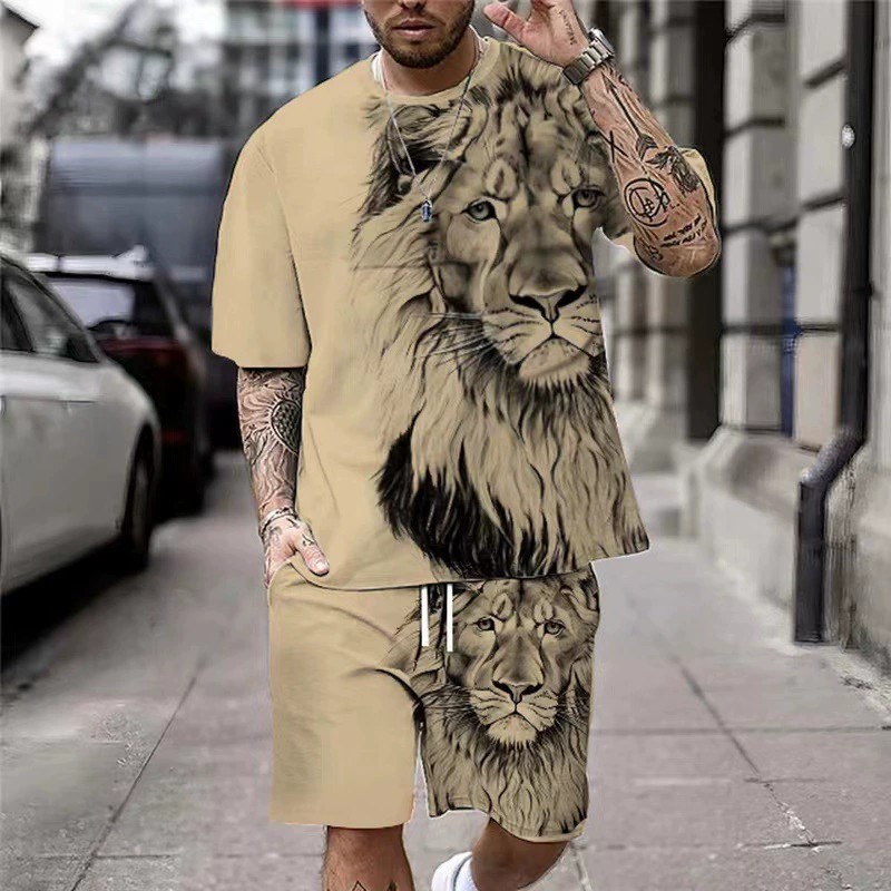 2026 Summer Fashion T-shirt 3D Lion Print Series Men's Street Round Neck Short Sleeve Set_viptrois.com