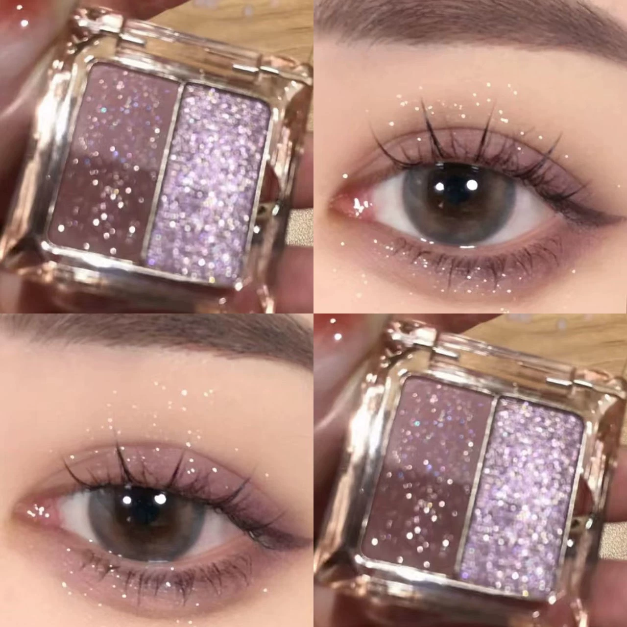 Eyeshadow Duo, pink–purple shiny palette, sequin finish, handheld compact