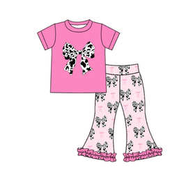 精品外贸婴幼儿童装批发新款粉色奶牛纹蝴蝶结女孩短袖喇叭裤套装