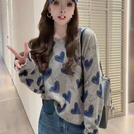 慵懒字母爱心时尚长袖针织衫秋冬新款宽松显瘦上衣套头毛衣女