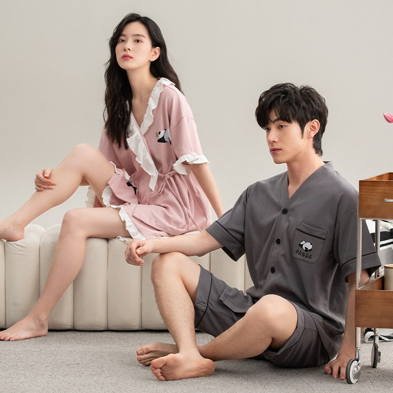 [7A antibacteriano] Pijamas de pareja primavera y verano algodón kimono de manga corta cárdigan con cuello en V traje de servicio a domicilio para hombre