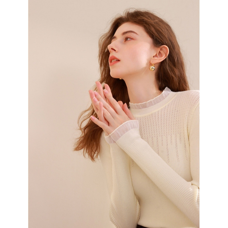 2025 New Autumn and Winter Half Turtleneck Sweater for Women with Organza Bottoming Long-Sleeved Pullover Slim Top for Women with Mid-Collar