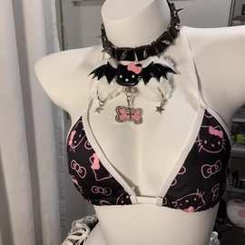 自制Y2k女孩个性kitty猫毛绒翅膀项链亚文化男女同款铆钉项圈