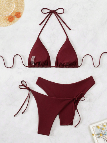 New European and American-style women's swimwear: solid-color halter-neck tie-string triangle brief bikini, two-piece three-piece set bikini.