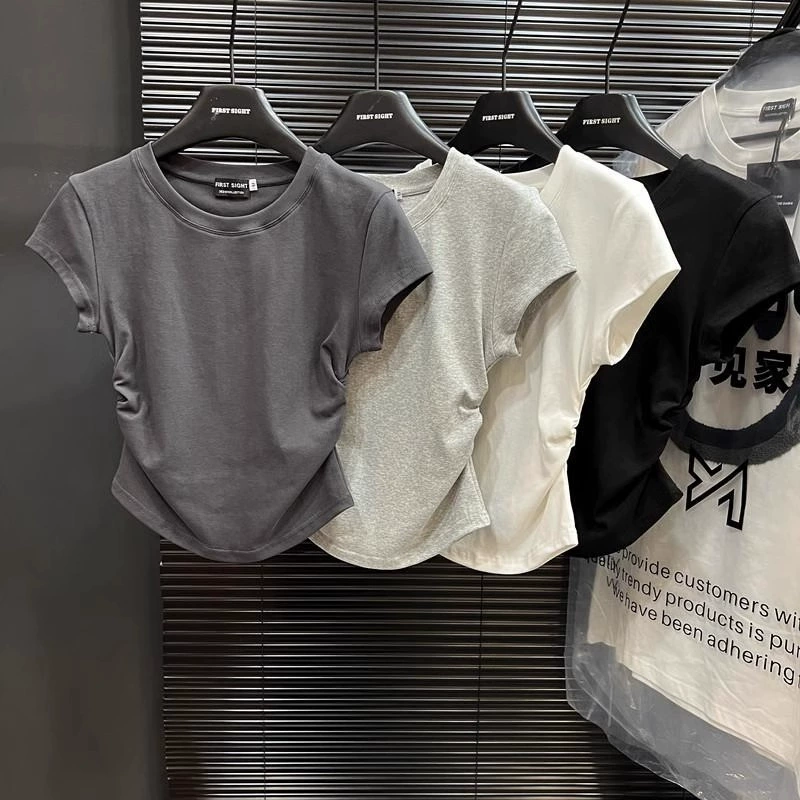 Rins Spice Girl Чистая талия футболка с короткими рукавами женская летняя новая сплошная цветная капюшона тонкая куртка женская волна оптом