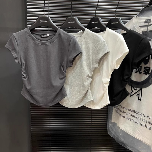 Ins babe pure desire waist-cinch t-shirt short sleeve women's summer solid color basic crew neck top women's fashion