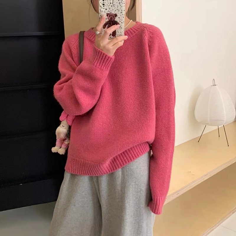 Versatile Women's Thick Loose Sweater 2025 Autumn and Winter Round Neck Simple Solid Color Korean Style Knit Top Loose Fit Slimming