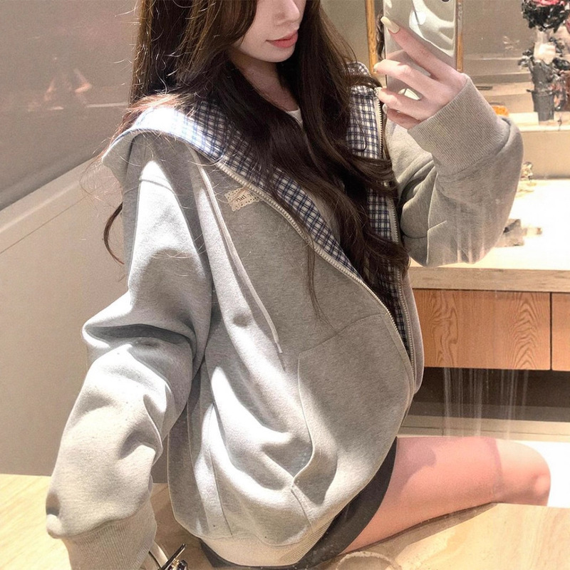American Retro Plaid Patchwork Cardigan Hooded Sweatshirt for Women, New Spring and Autumn Lazy Style National Trend Brand Loose Jacket American Retro Plaid Patchwork Cardigan Hooded Sweatshirt for Women, New Spring and Autumn Lazy Style National Trend Brand Loose Jacket