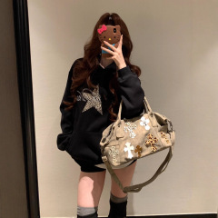 【纯棉华棉复合牛奶丝320克】美式复古豹纹星星印花连帽卫衣女