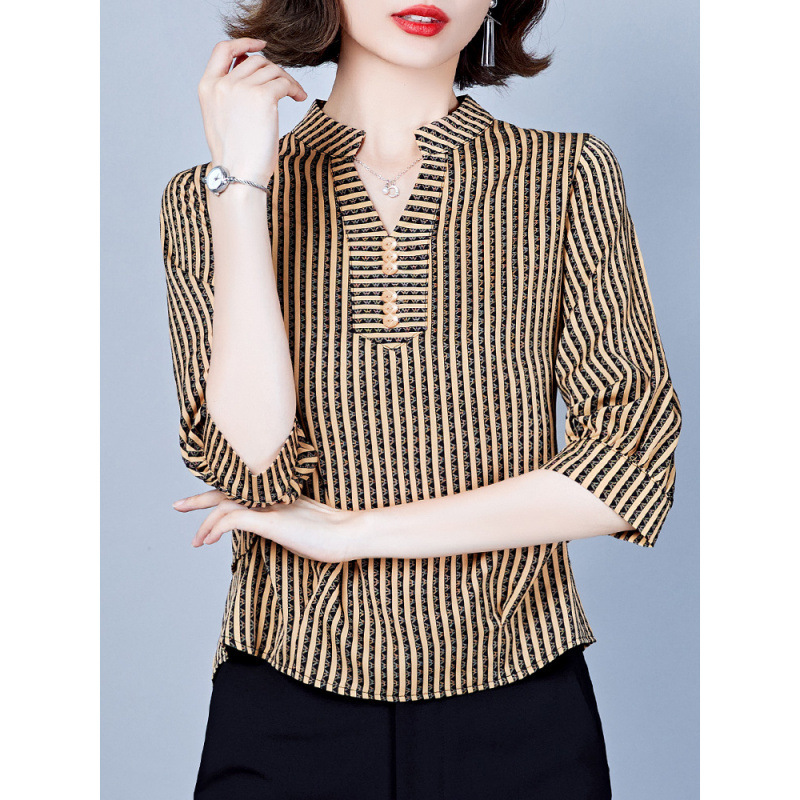 女性用フレンチ七分袖シャツ、夏服、おしゃれな年齢軽減中袖シャツ、中年ママのお腹カバーシフォントップス、春秋|undefined