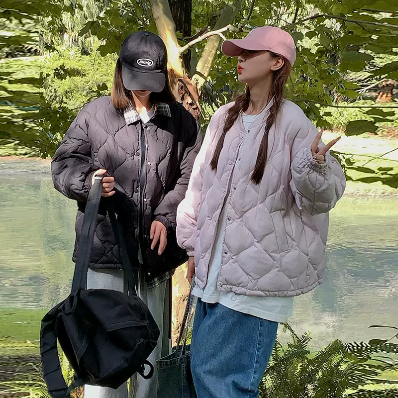 2024新款轻薄款棉服秋冬短款大码菱形格无领棉衣情侣款夹克外套