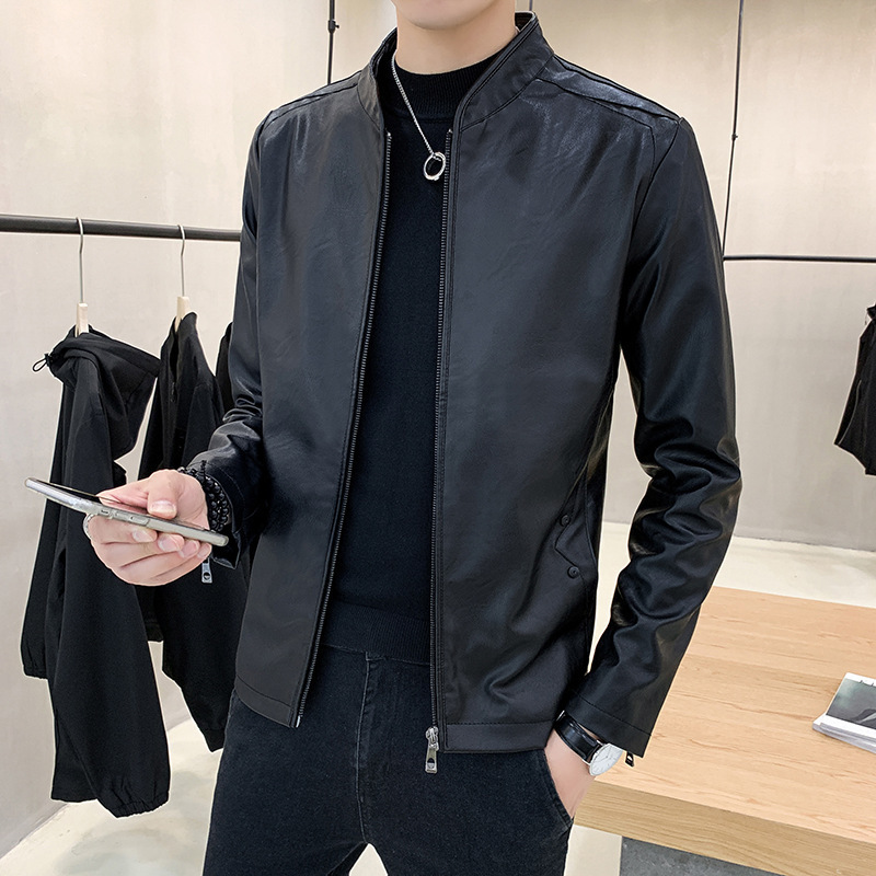 Leather Men's 2022 Autumn New Collarless Jacket Men's Korean Fashionable Simple Motorcycle Youth PU Leather Jacket Leather Men's 2022 Autumn New Collarless Jacket Men's Korean Fashionable Simple Motorcycle Youth PU Leather Jacket