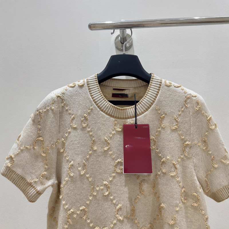 High Version g Family 25 Autumn and Winter New Style Presbyopic Full-Print Contrasting Letters Round Neck Short-Sleeved Knitwear Casual Top for Women