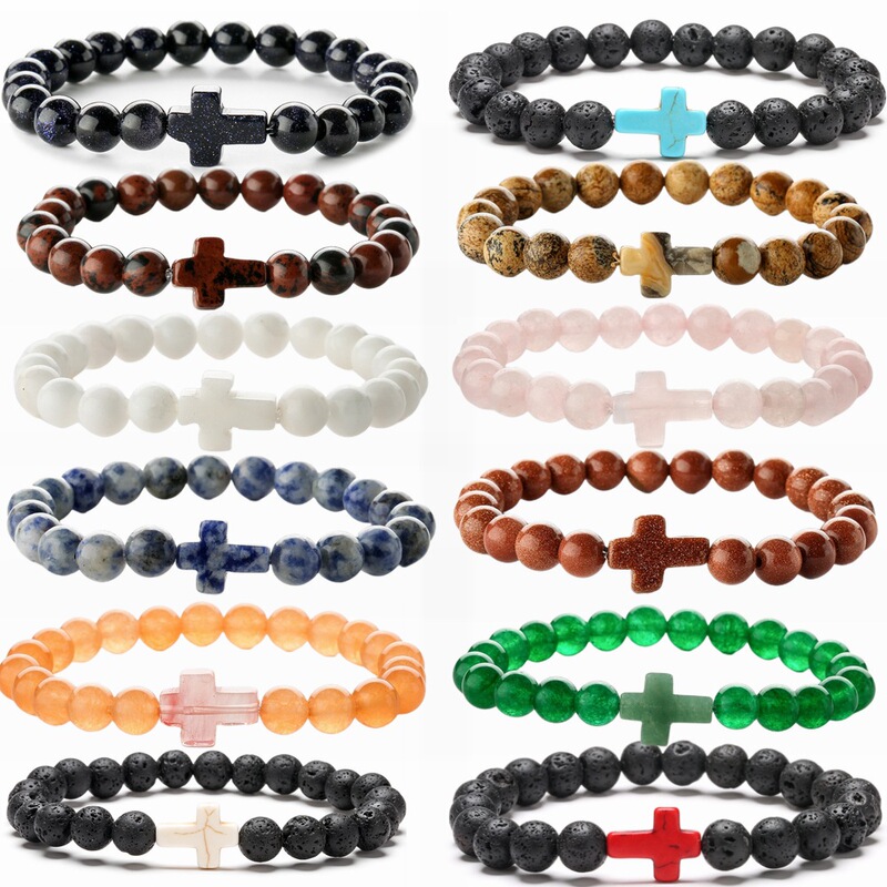 Amazon cross-border e-commerce hot bracelet natural stone turquoise bracelet volcanic agate cross bracelet Amazon cross-border e-commerce hot bracelet natural stone turquoise bracelet volcanic agate cross bracelet