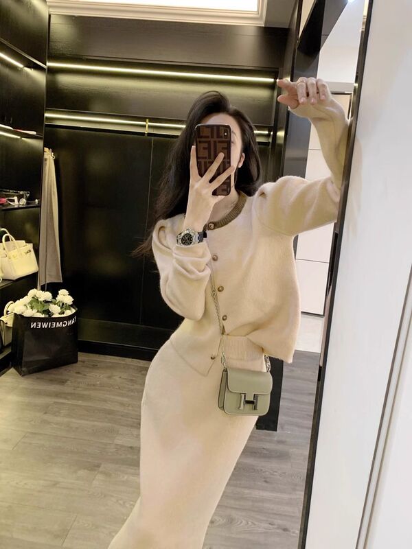 小香风针织裙套装女秋冬新款开衫小外套显瘦气质中长款半裙两件套|undefined