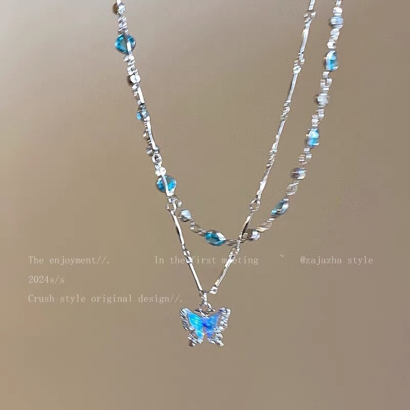Summer Cool Double-Layered High-End Butterfly Necklace Niche Design Clavicle Chain Blue Choker Necklace for Women Summer Cool Double-Layered High-End Butterfly Necklace Niche Design Clavicle Chain Blue Choker Necklace for Women