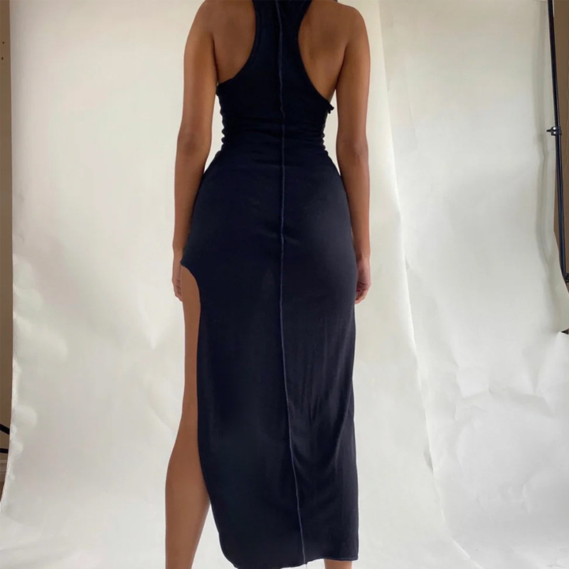 Solid Color Round Neck Sleeveless Slim Slit Dress NSHTL110105