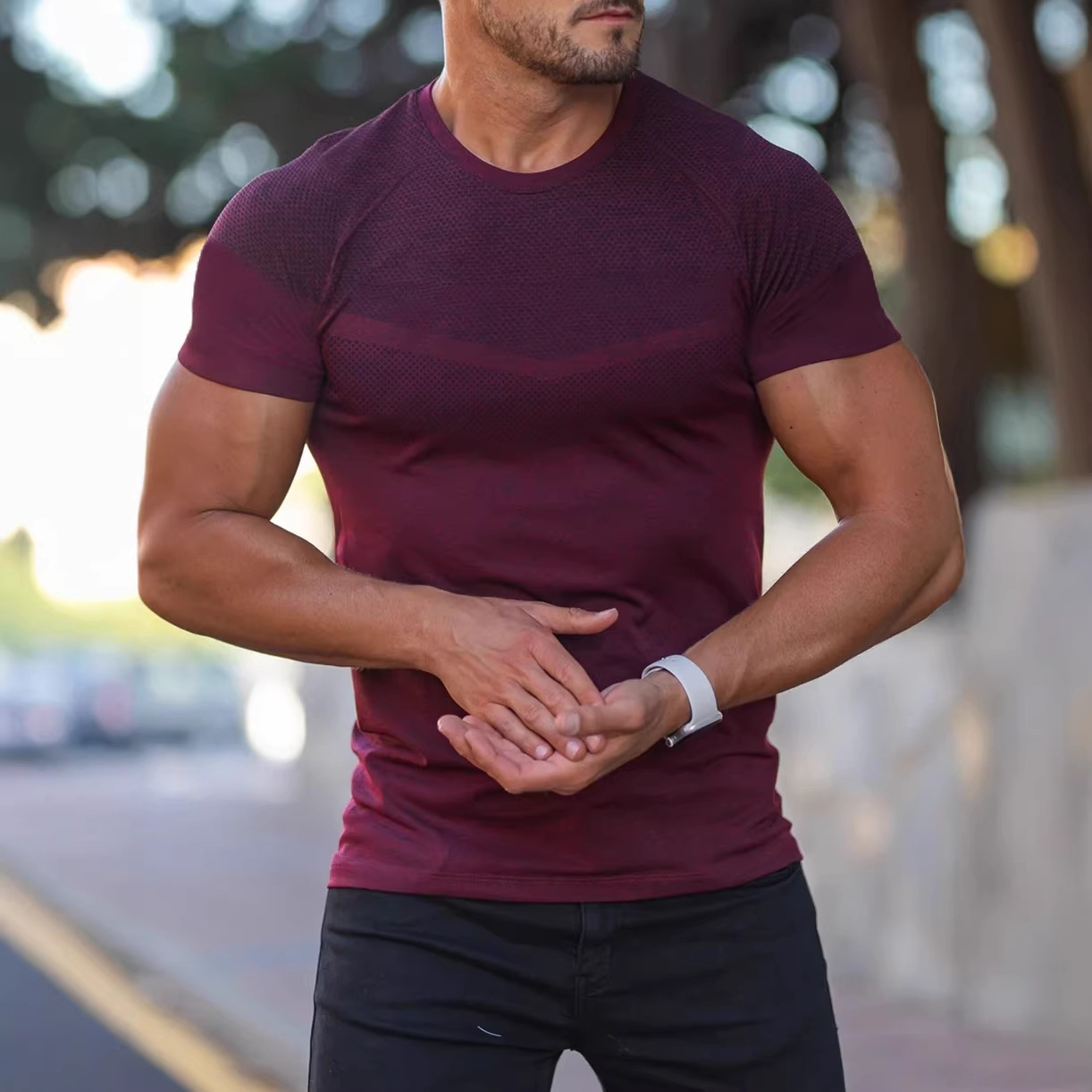 Comercio exterior transfronterizo entre Europa y Estados Unidos Wish hombre de otoño deportivo acondicionamiento casual cuello elástico catiónico cuello redondo camiseta de manga corta