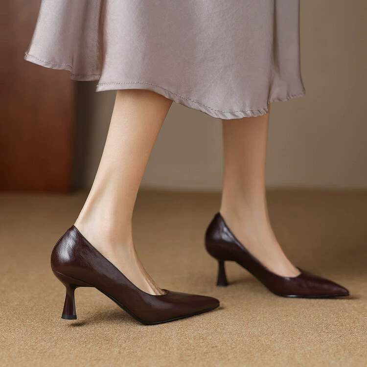 2024 весна и осень новые кожаные туфли на высоком каблуке с острыми каблуками и мелкими туфлями
