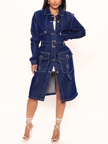 Elegant Style Women's Classic Long Denim Trench Coat Button