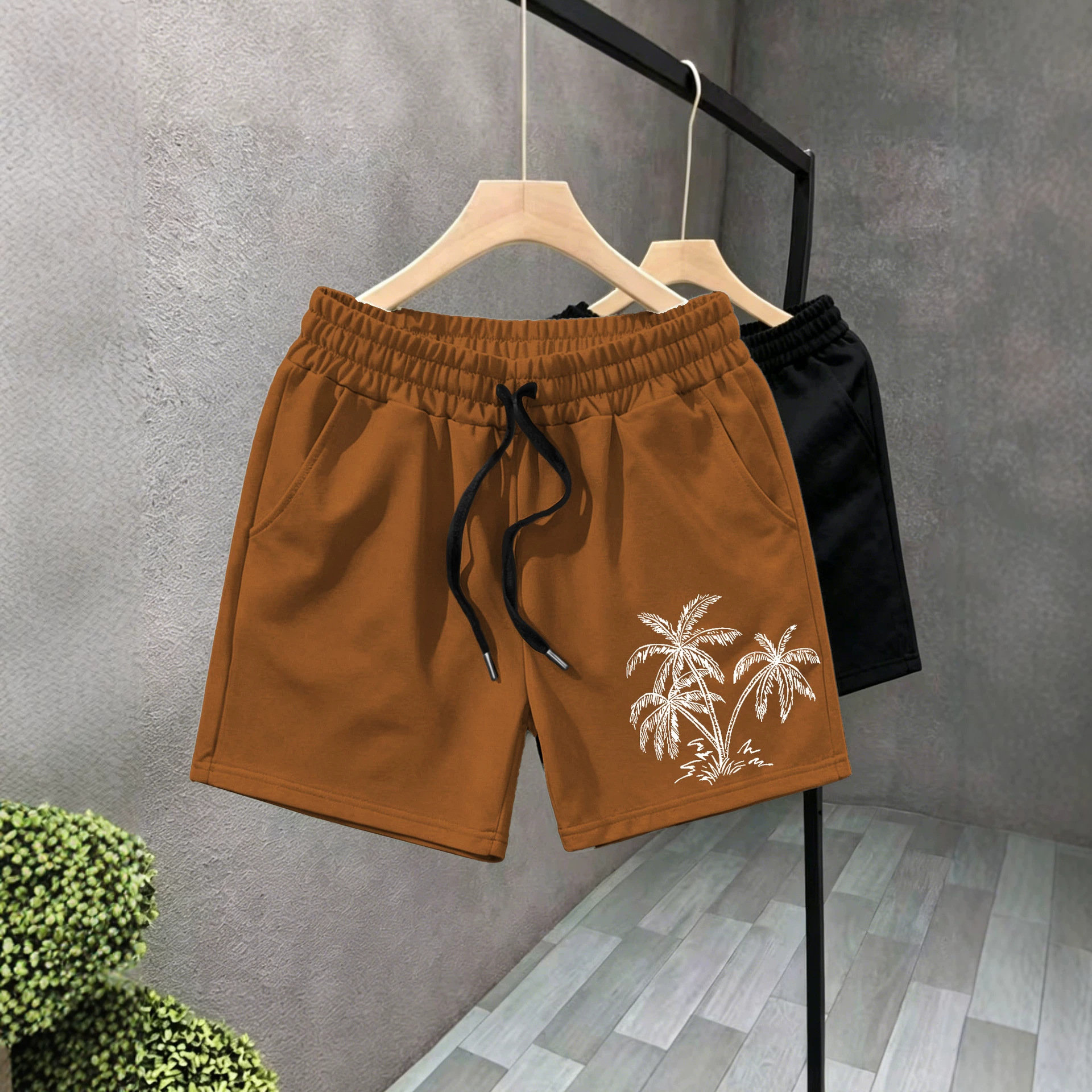 New Summer Style Coconut Tree Print Men's Three Quarter Swim Trunks, Quick Drying Beach Sports Shorts, Casual Sports Shorts_voghion.com