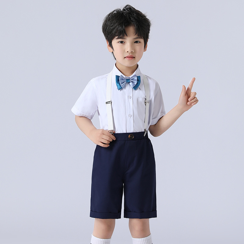 男童禮服套裝中小兒童主持人演出服男孩短袖背帶褲婚禮花童禮服夏