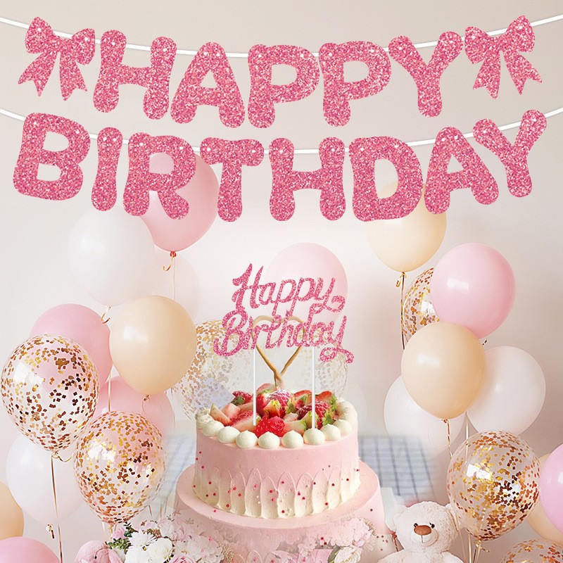 派对用品Happy Birthday生日拉花横幅蝴蝶结字母拉旗生日装饰用品