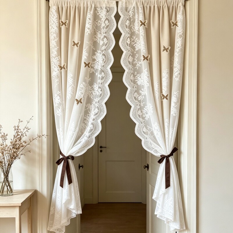 Champagne-Colored Lace Double-Layer Curtains, Butterfly Door Curtain, French Cream-Style Blackout Half Curtain, No-Drill Rod-Punching Curtains