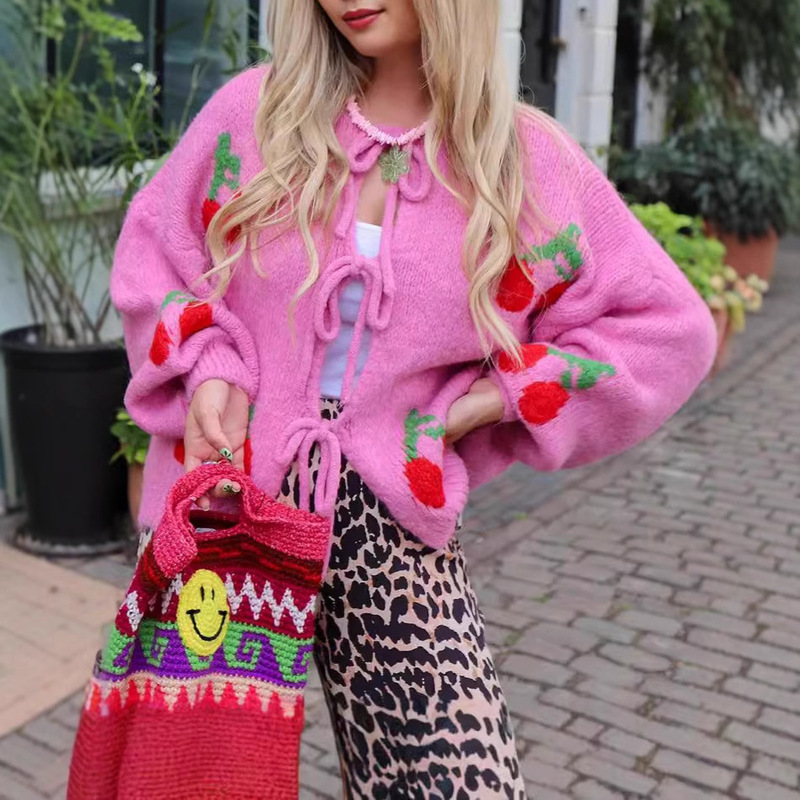 Cherry Embroidered Jacquard Cardigan Knitwear for Women Cross-Border Amazon European and American 2025 Cute Style Strappy Knitwear Jacket
