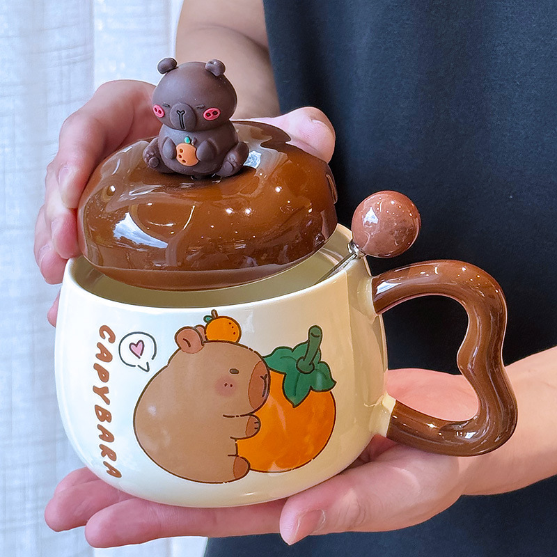 カピバラマグ 蓋とスプーン付き コーヒーカップ ハイエンドの絶妙なセラミックウォーターカップ 誕生日 卒業ギフト|undefined