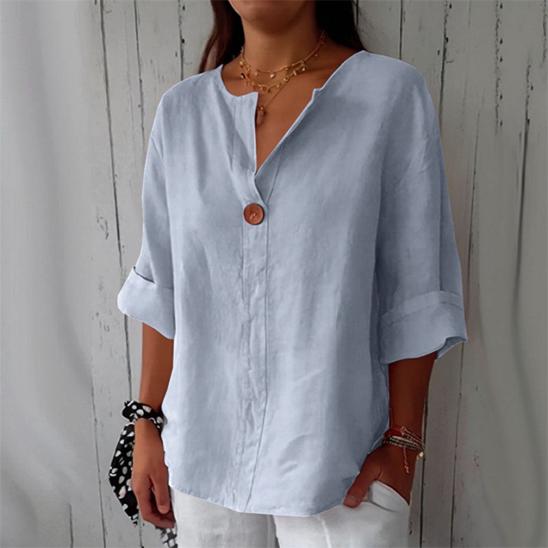 Women's Loose Fit V Neck 7/8 Sleeve Cotton Button Front Tunic Top – Casual Summer Blouse 2026_ecoleips.com