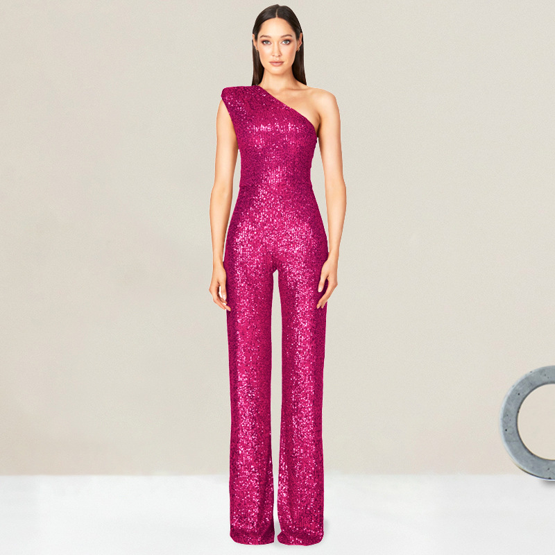 Oem Export Women's Sleeveless Fashion Wide-Leg Jumpsuit European and American Independent Station One-Shoulder Sequined French Jumpsuit for Women Oem Export Women's Sleeveless Fashion Wide-Leg Jumpsuit European and American Independent Station One-Shoulder Sequined French Jumpsuit for Women